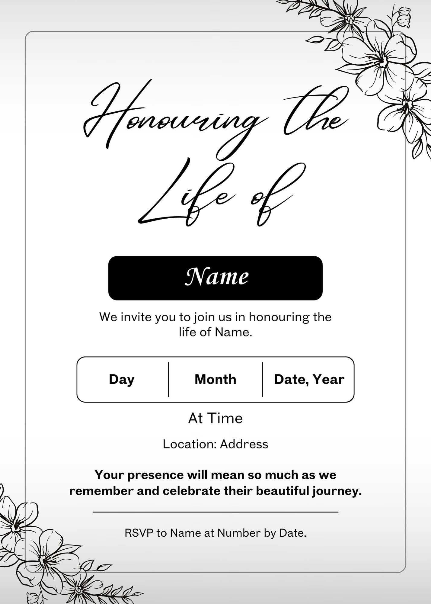 Celebration of Life Invitation - 5x7 inch - Design 2 - Samantha's Designs