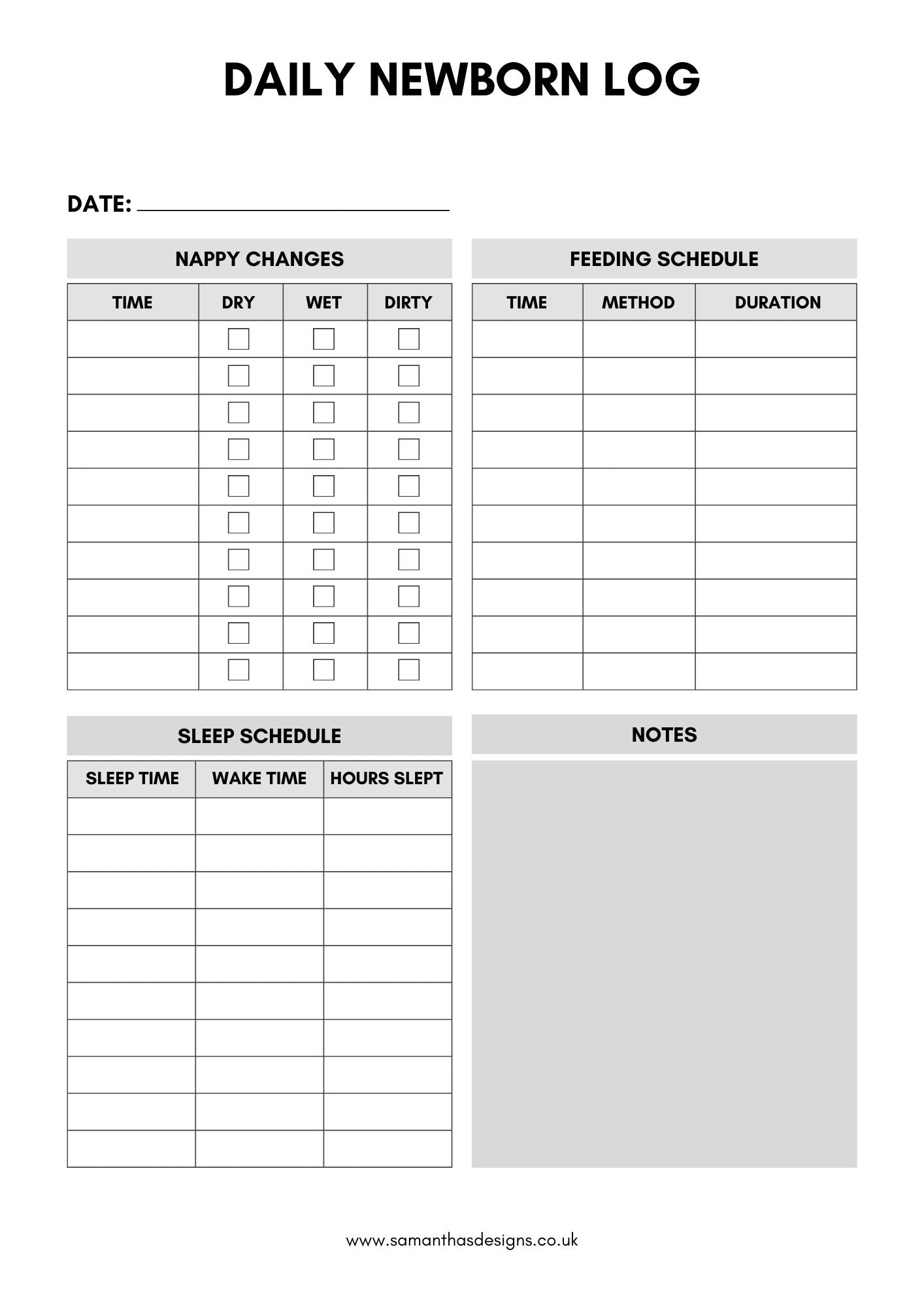 Newborn Baby Daily Log - Printable - Samantha's Designs