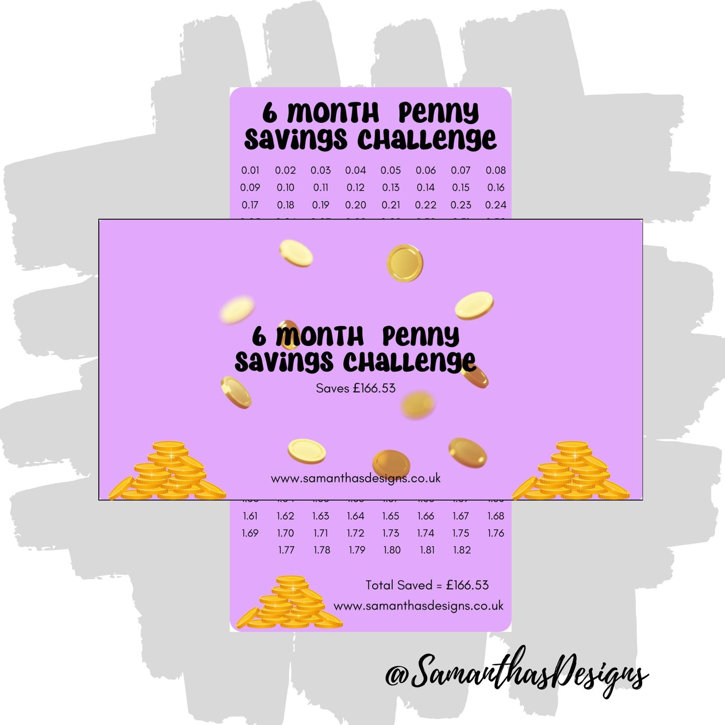 6 Month Penny Savings Challenge on a purple background with golden coin illustrations.