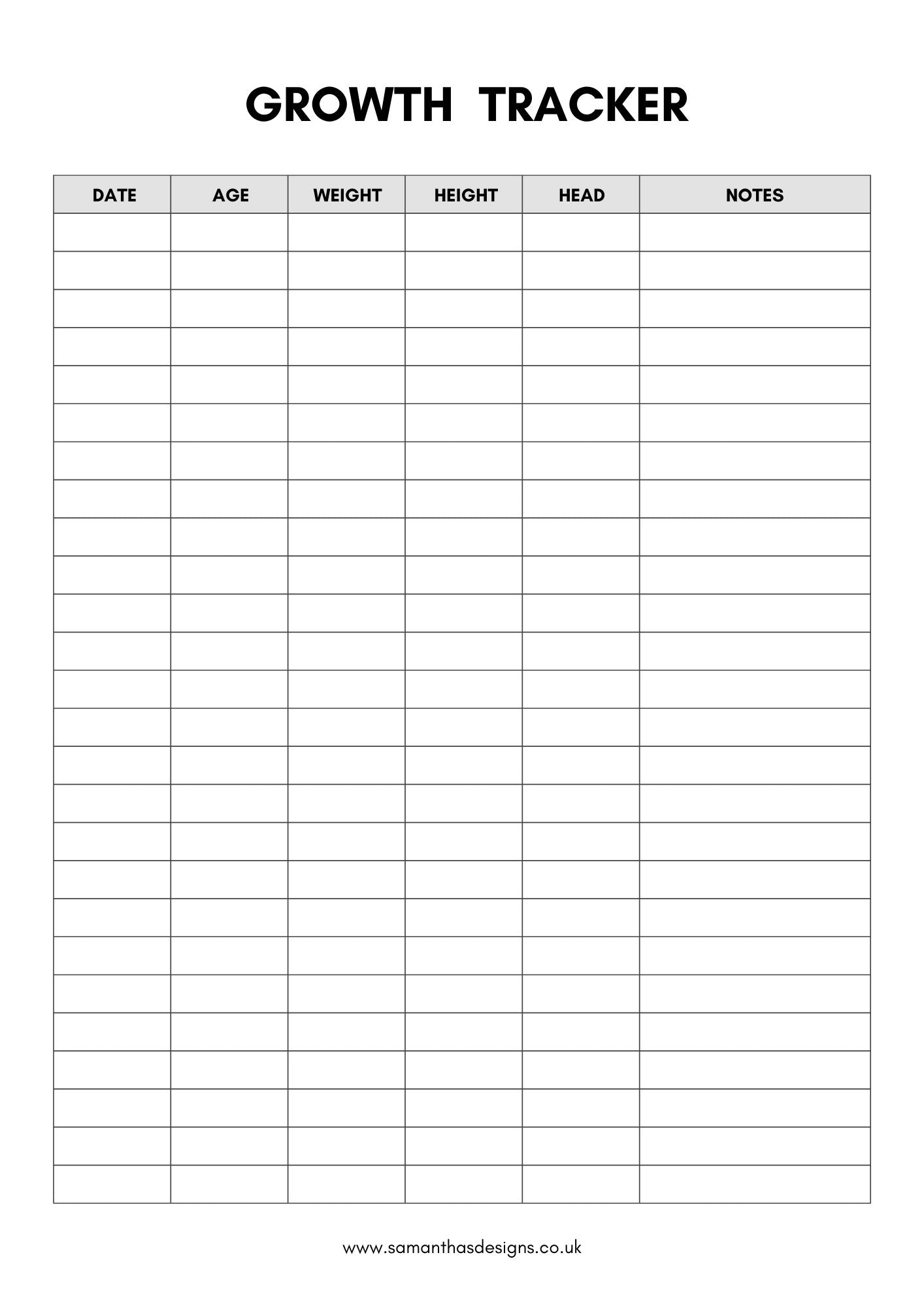 Child Growth Log - Printable - Samantha's Designs