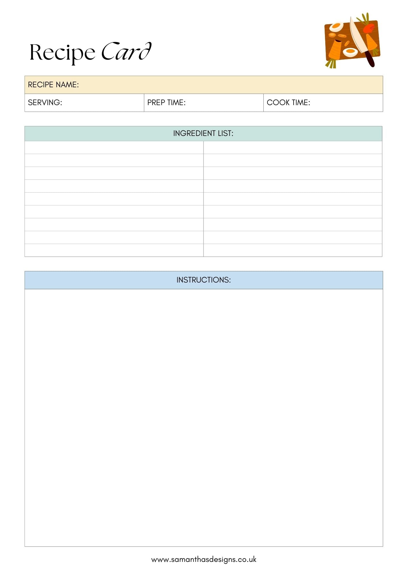Minimalistic design of a recipe card - with spaces for the name of the recipe, servings, prep time, cook time, ingredients and instructions.