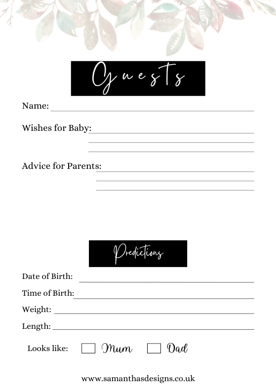 A5 printable for a baby shower prediction game - ideal for your guests to share their wishes for baby, any advice and prediction the baby's date of birth, time of birth, weight and length