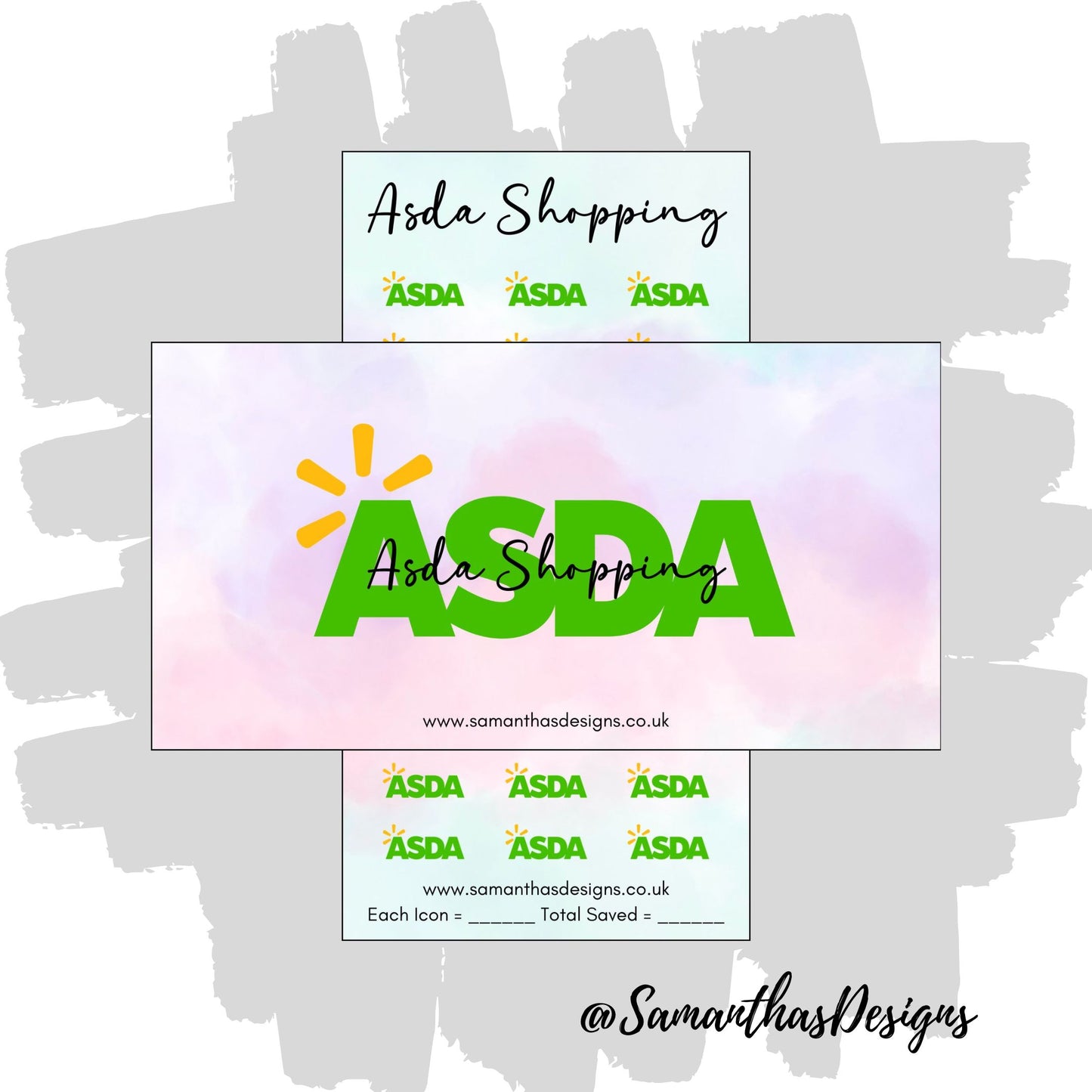 Asda Shopping Savings Tracker and Cover on a blue and purple pastel cloud effect background with the stores logo