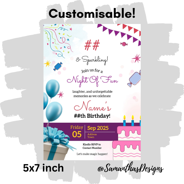 Customisable birthday invitation card with colorful design elements on a white background.