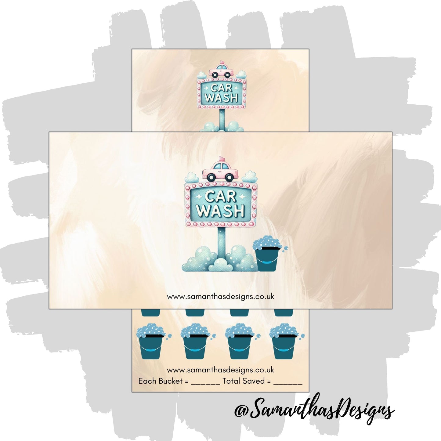 Car Wash Savings Tracker on a beige background with bubble filled bucket illustrations