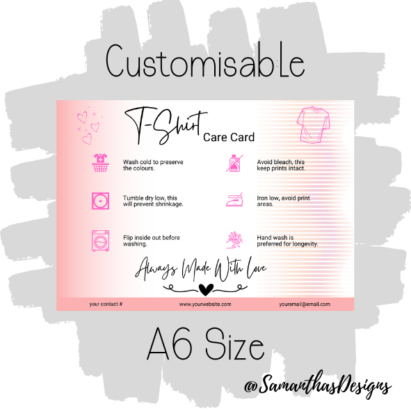 Pink - Customisable T-Shirt Care Card - A6