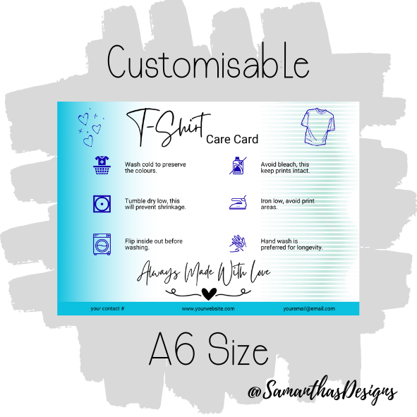 Blue - Customisable T-Shirt Care Card - A6