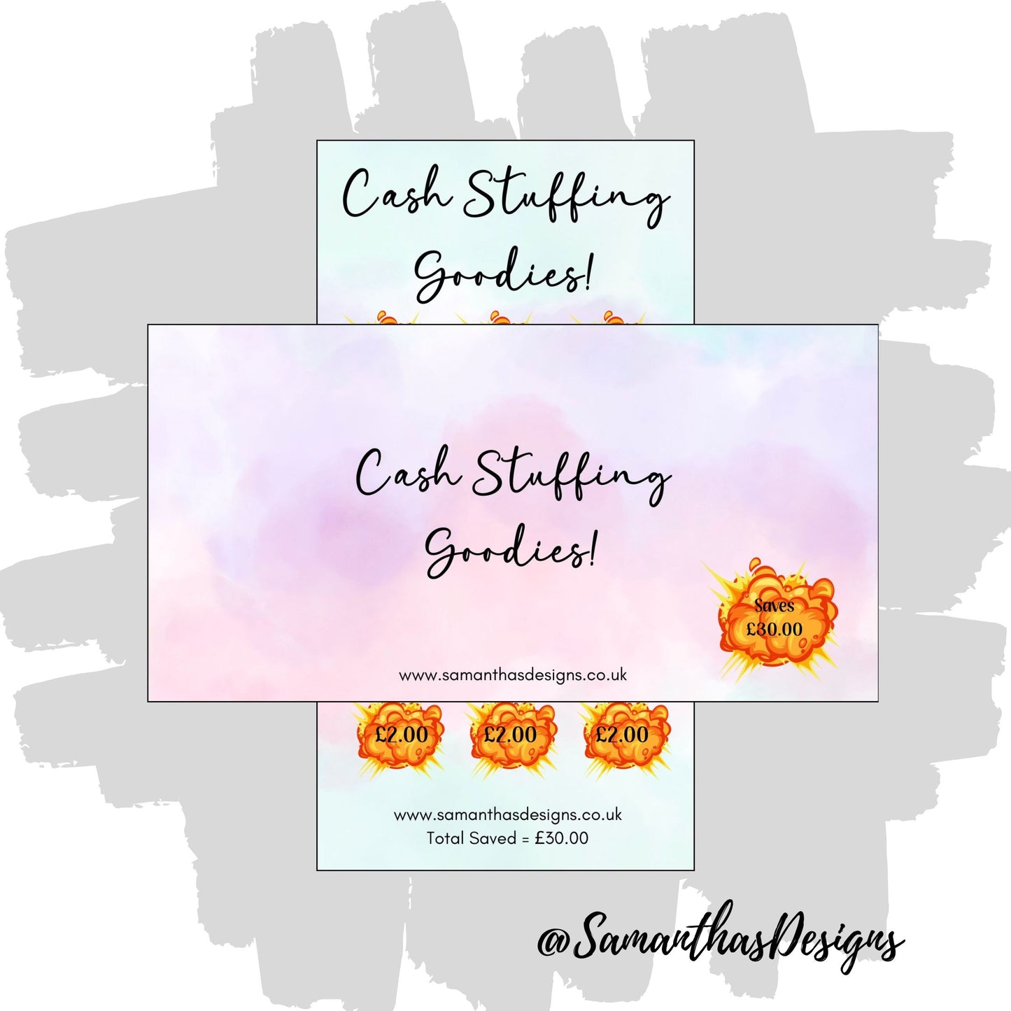 Savings Tracker and Cover Sleeve with purple and blue faded background, labelled Cash Stuffing Goodies - colourful explosions with £2 inside of each to help save £30