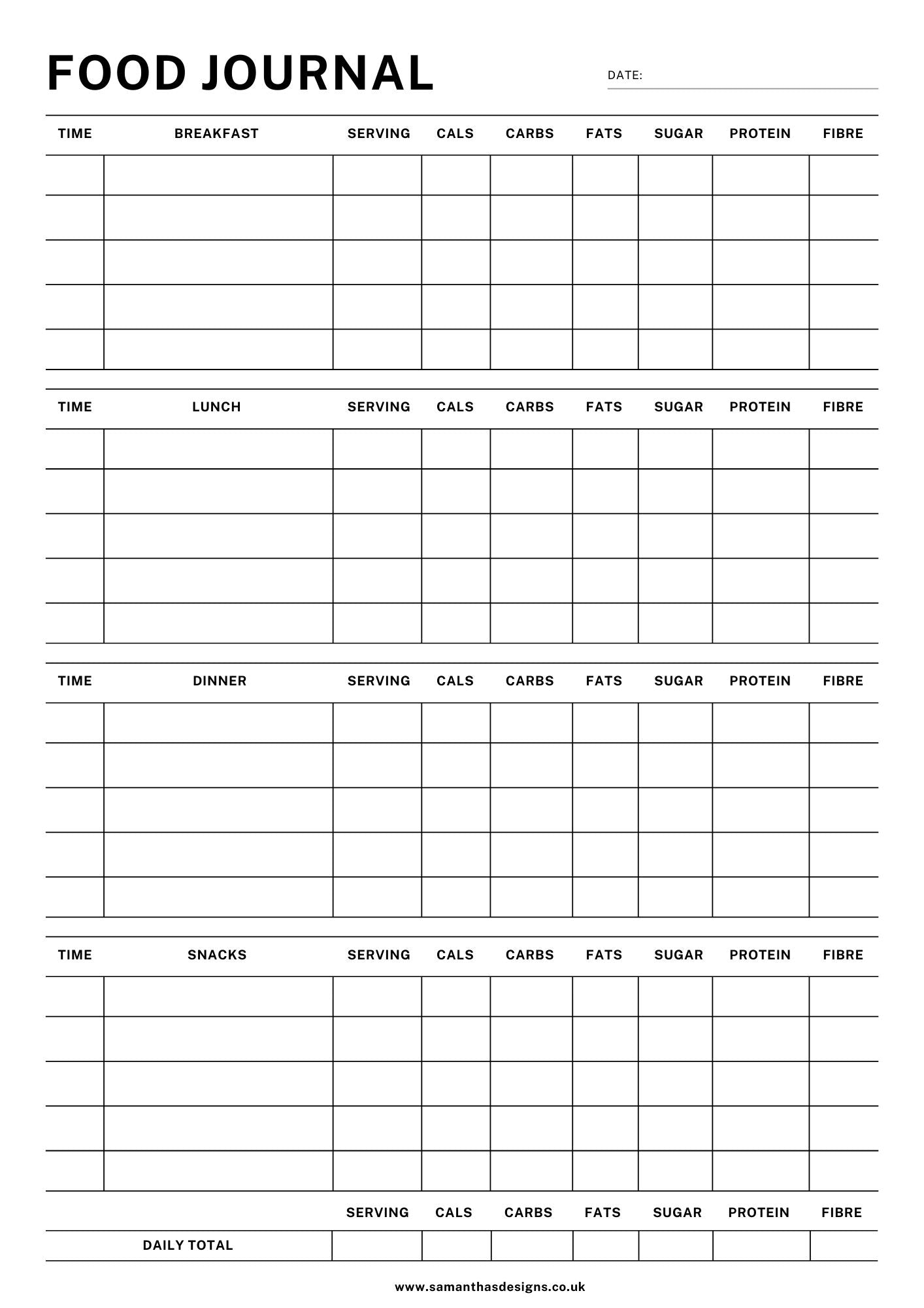 Daily Food Journal - Printable - A4 and A5 sizes - Samantha's Designs