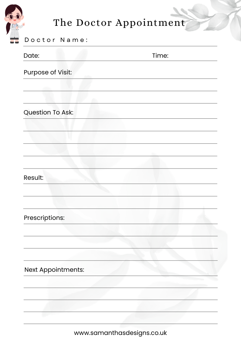 Doctors Appointment printable where you can log the name ofthe doctor seen, date, time, purpose for your appointment , any questions to ask, results, prescriptions and log any follow on appointments.