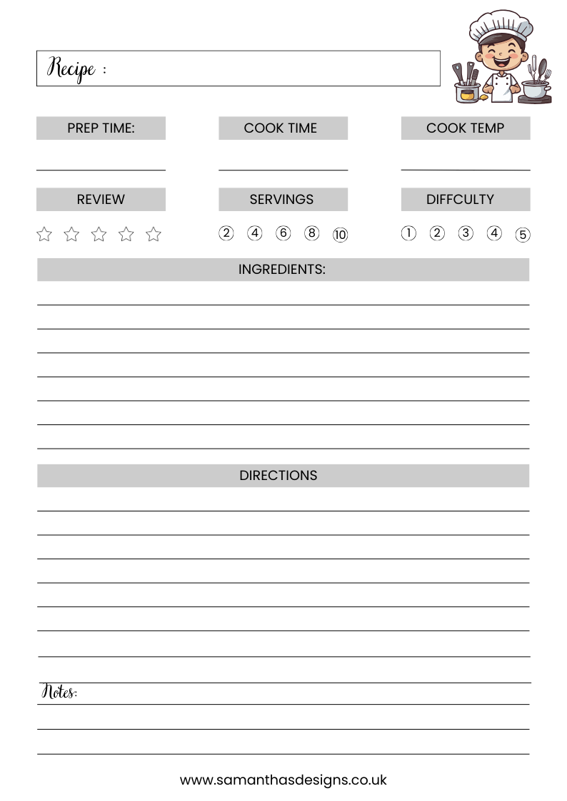 Grey minimalistic recipe page - with space for prep time, cook time, cooking temperature, review, servings, difficulty, ingredients and directions and even notes! Cute chef image in the corner
