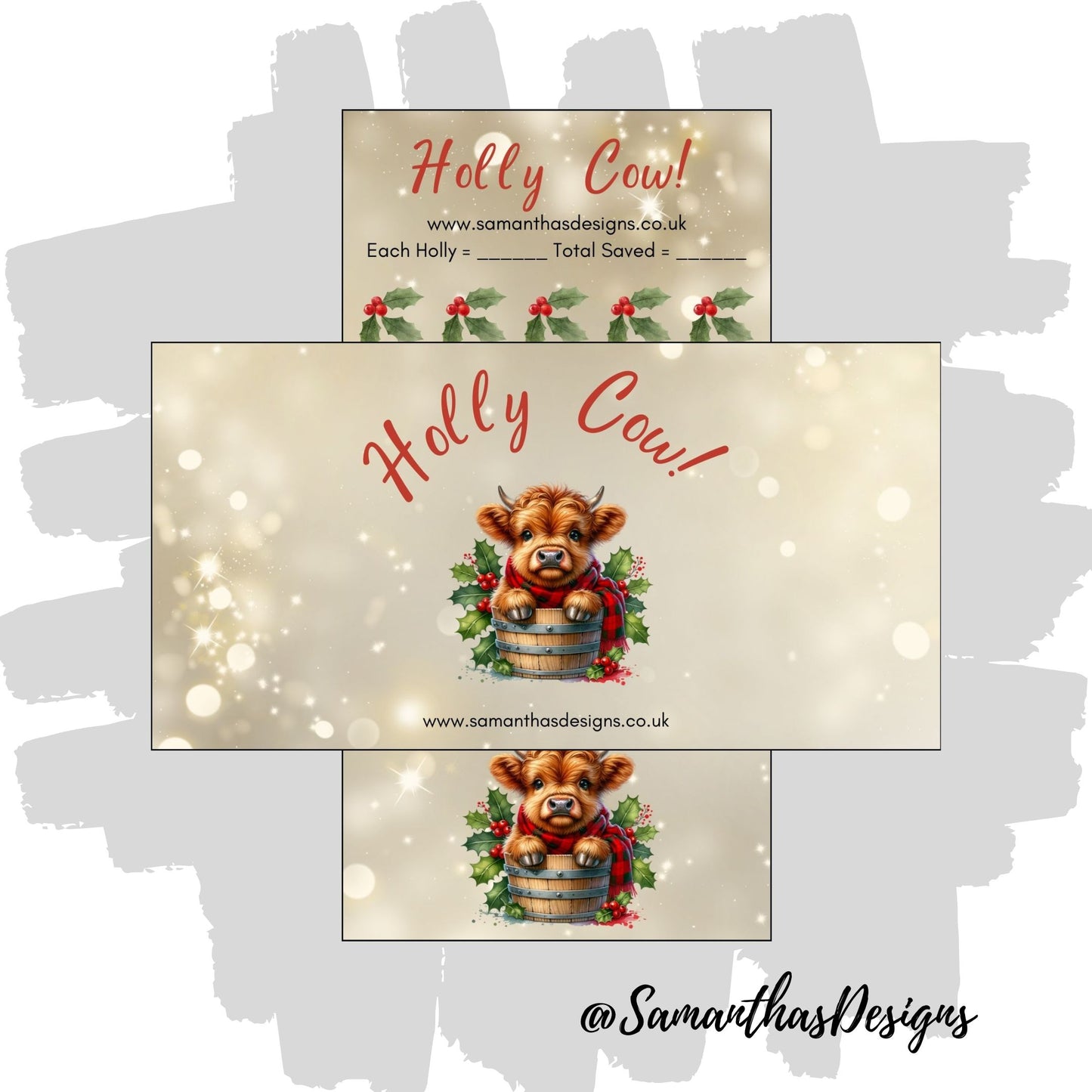 Holly Cow Savings Tracker is on a gold sparkly background with a festive highland cow illustration surrounded by holly.