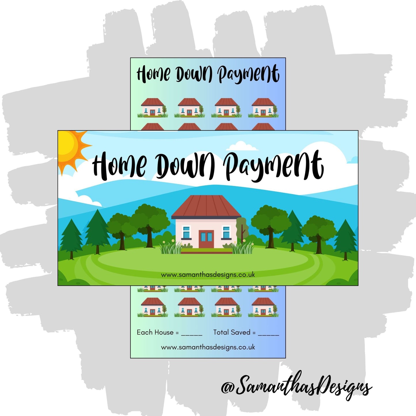 Home down payment tracker with house illustration and branding details.