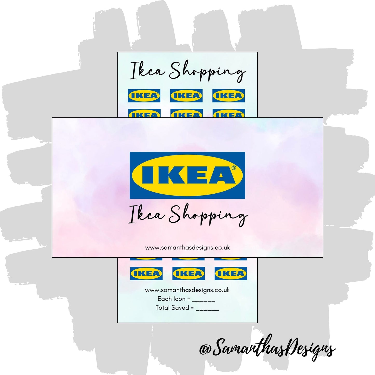 Ikea Shopping Savings Tracker and Cover on a blue and purple pastel cloud effect background with the stores logo