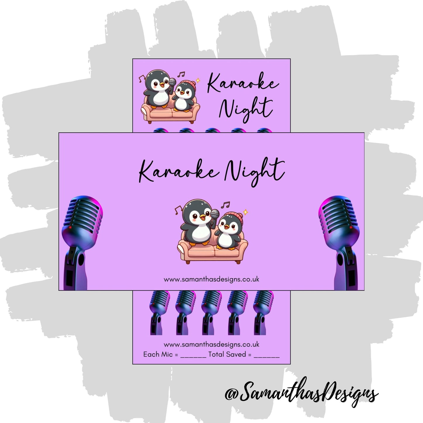 Karaoke Night Savings Tracker on a purple background with microphones and a penguin singing on a sofa illustration