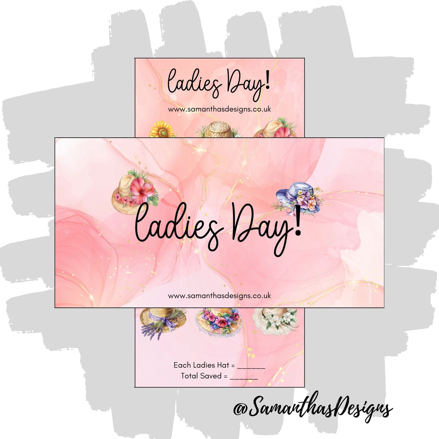 Ladies Day Savings Tracker on a pink, gold and white marble background with colourful hat illustrations