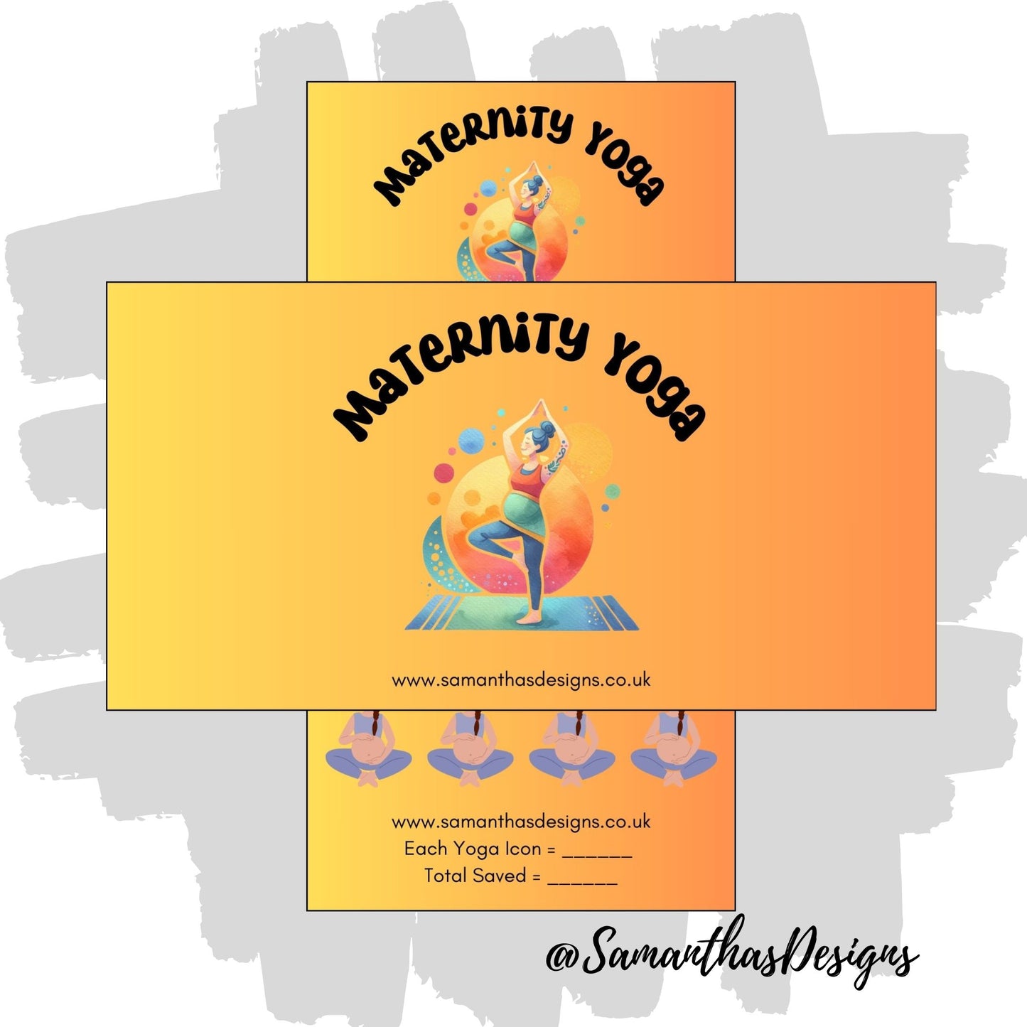 Maternity Yoga Savings Tracker on a yellow to orange gradient background with pregnancy yoga illustrations