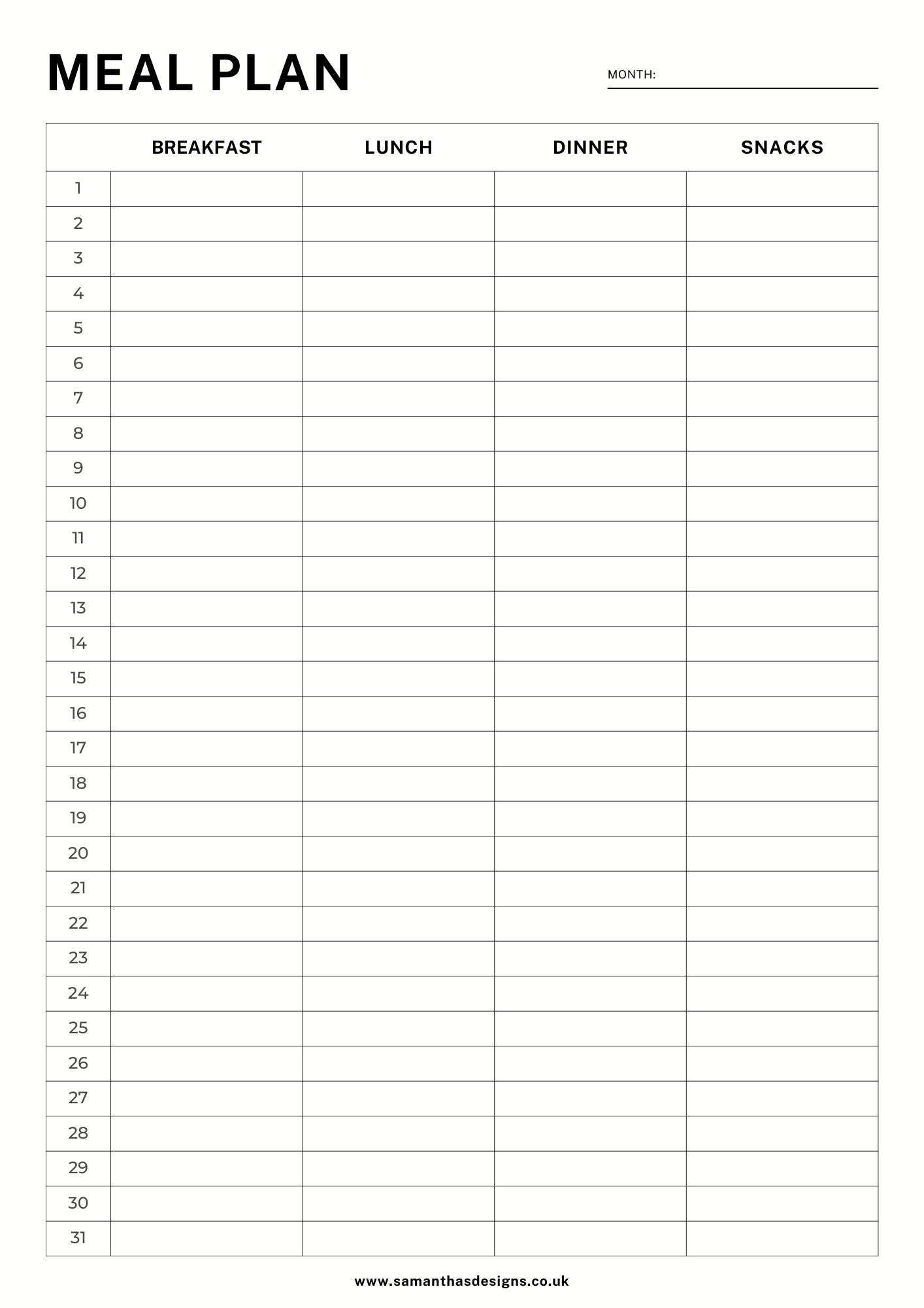 Monthly Meal Plan - Printable - Samantha's Designs