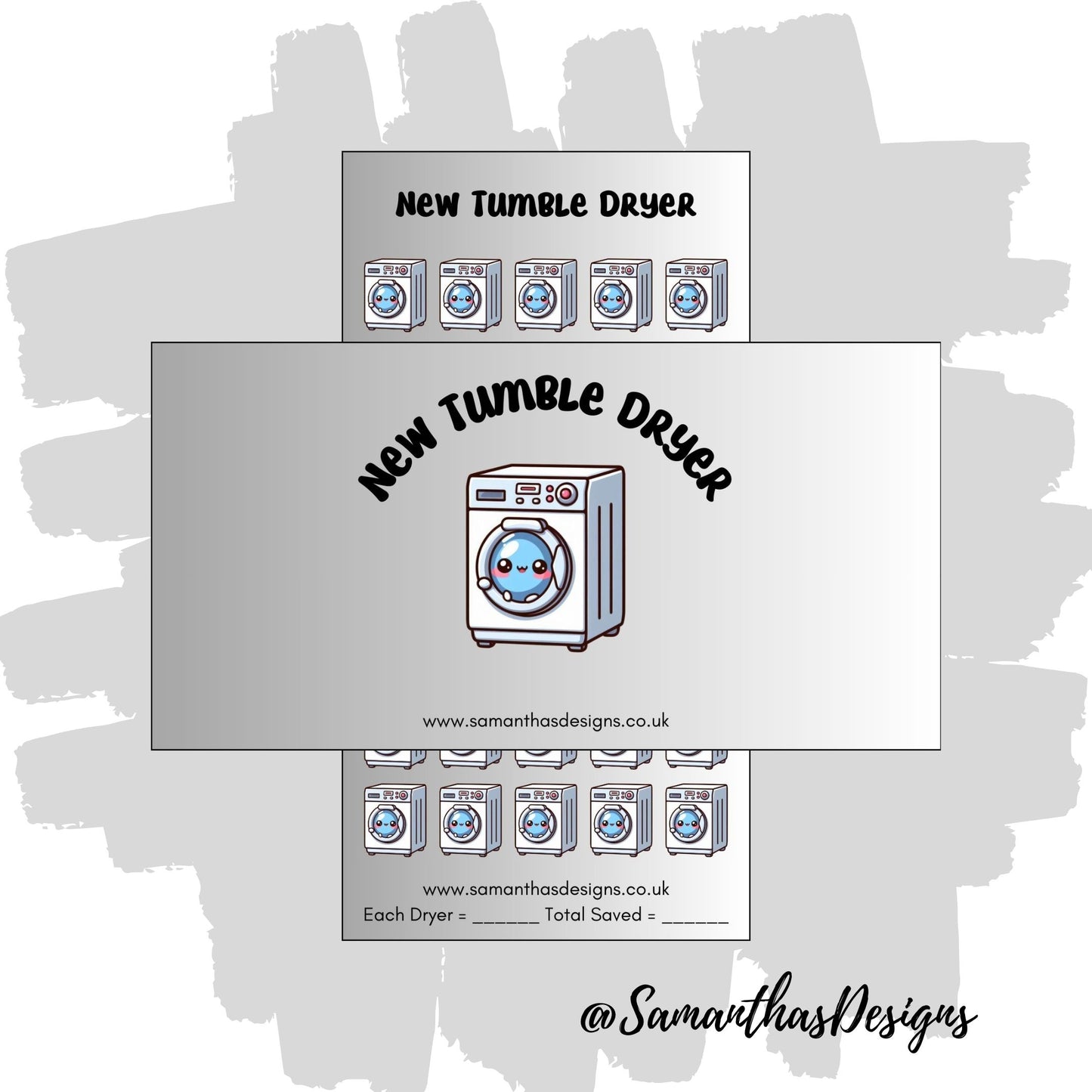 New tumble Dryer Savings Tracker on a grey ombre gradient background with a cute kawaii tumble dryer icons