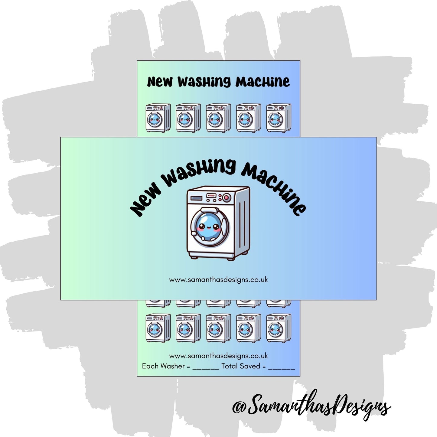 New Washing Machine Savings Tracker featuring cute kawaii washing machine icons on a blue gradient background
