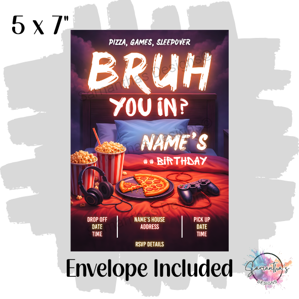 Bruh Sleepover Personalised Birthday Party Invitation