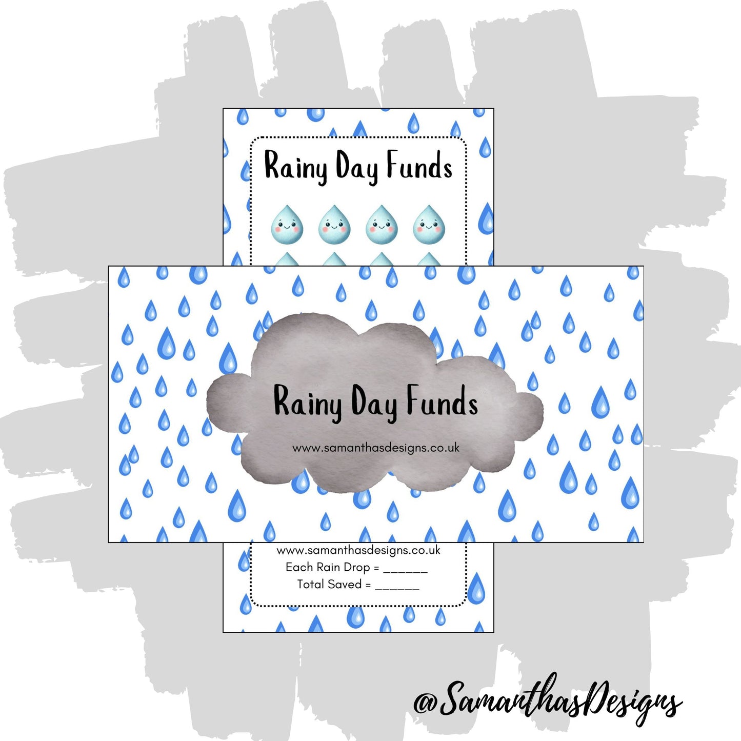 A printed Rainy Day Funds Savings Tracker with raindrop design, meant for tracking savings goals with spaces for cash stuffing.