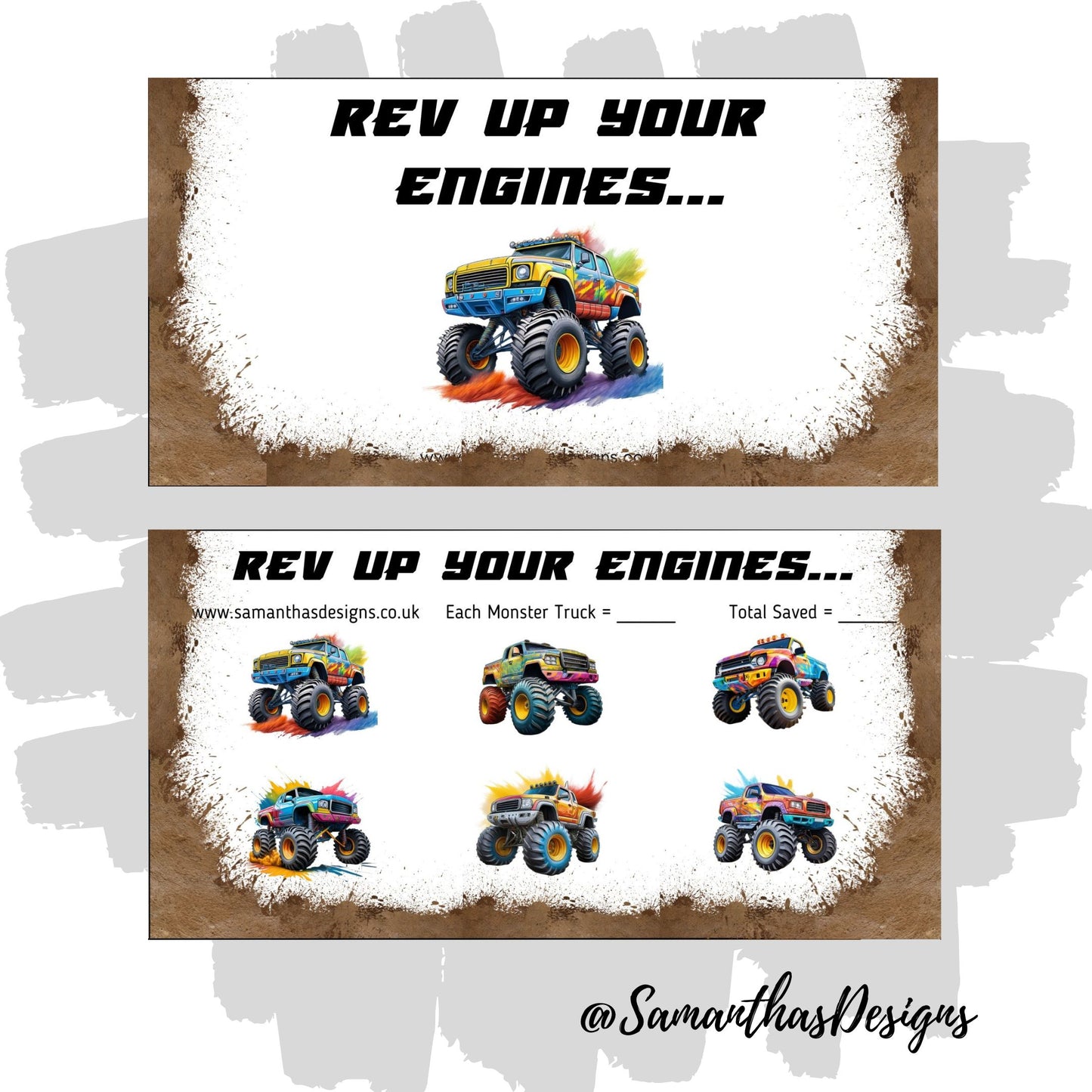 Rev Up Your Engines Savings Tracker with a mud splat border and colourful monster truck illustrations