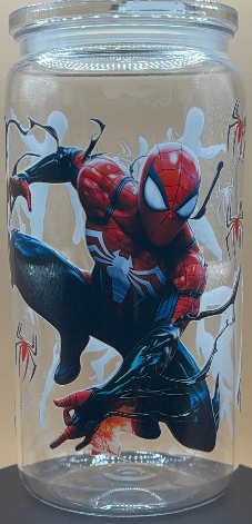 Plastic tumbler with Spider-Man design on a beige background
