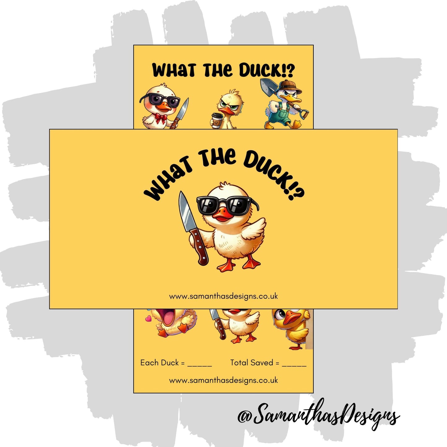 What The Duck Savings Tracker on a yellow background with loads of angry and threatening duck illustrations