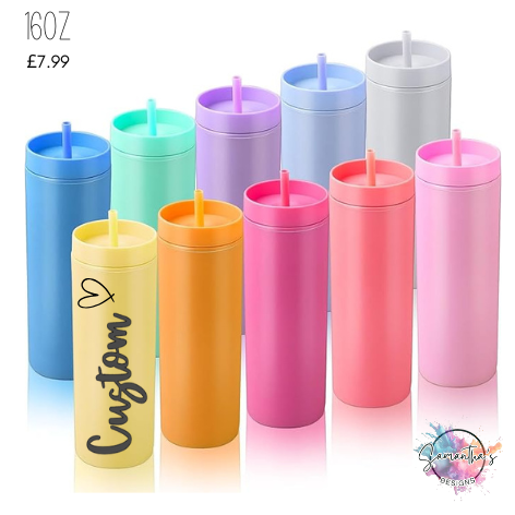 🌈 Personalised 16oz Acrylic Skinny Tumblers – 10 Colours Available