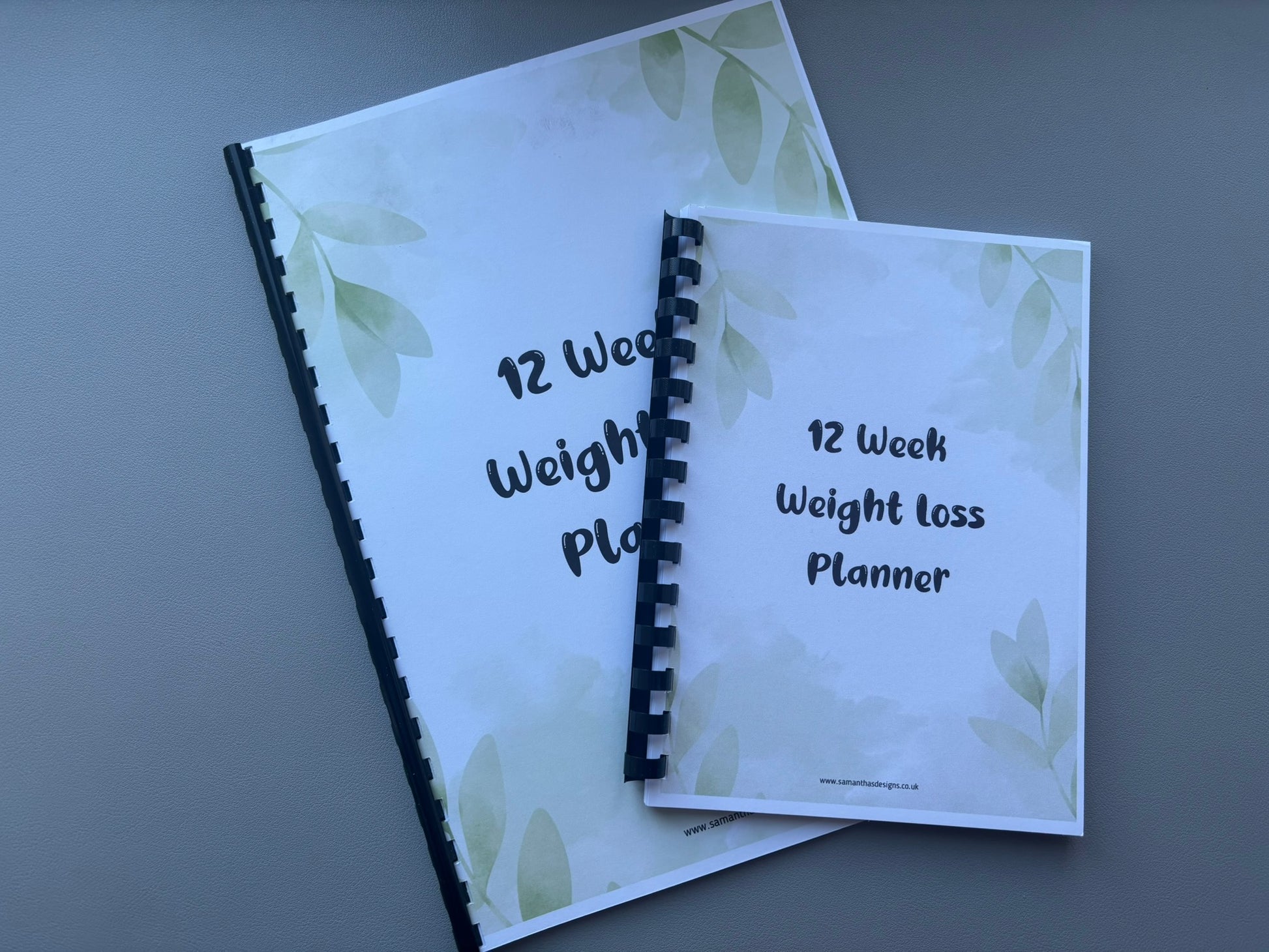 12 Week Weight loss Planner shown in A4 and A5 size - comb binding - green leaf design
