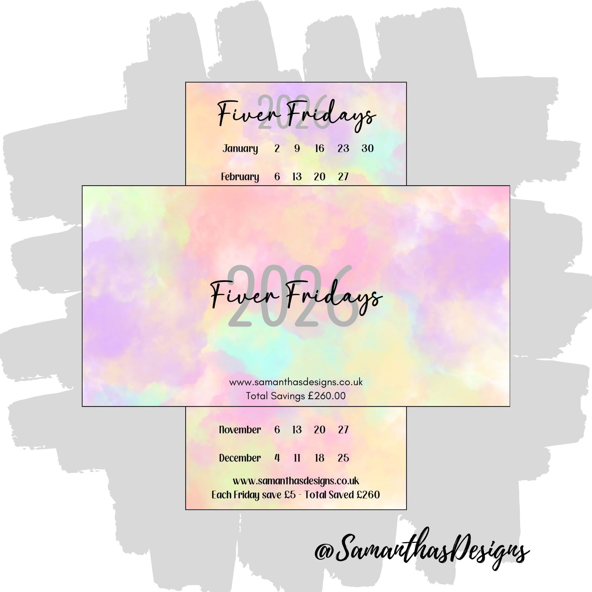 Pastel colourful clouds background with Fiver Fridays 2026 to save £260