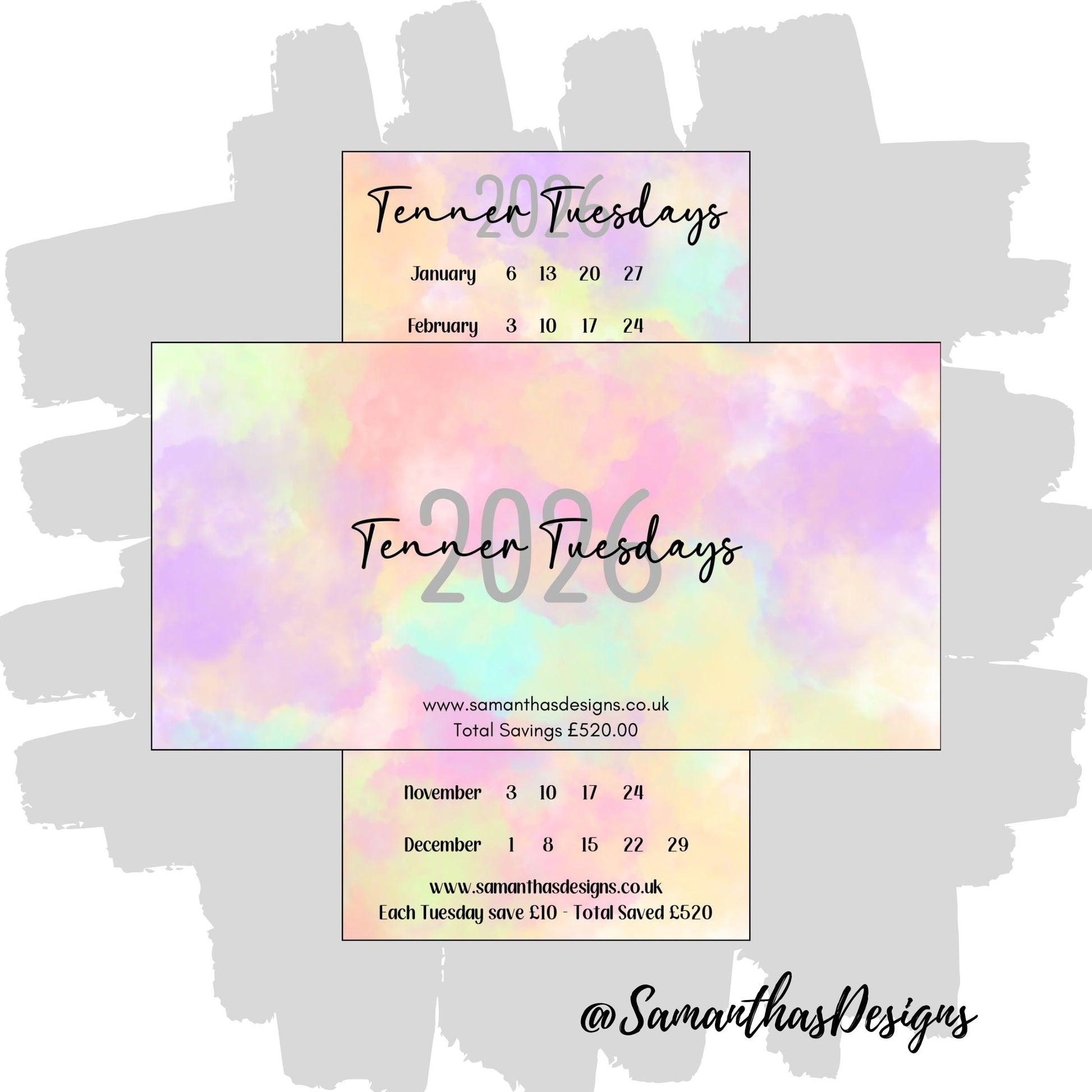 Pastel colourful clouds background with Tenner Tuesdays 2026 to save £520