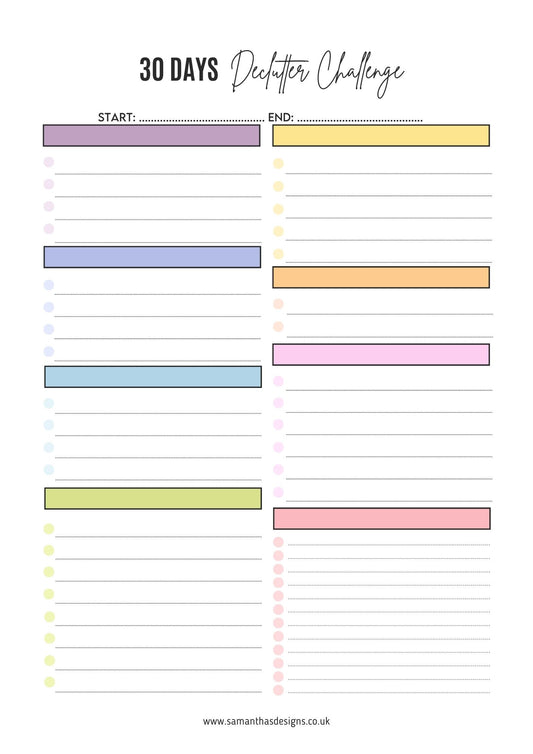 30 Days Declutter Challenge Printable with a start and end date - Includes 8 different coloured sections with check boxes breakdown for individual tasks