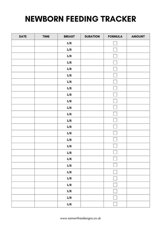 Newborn Feeding Tracker - Printable - Samantha's Designs