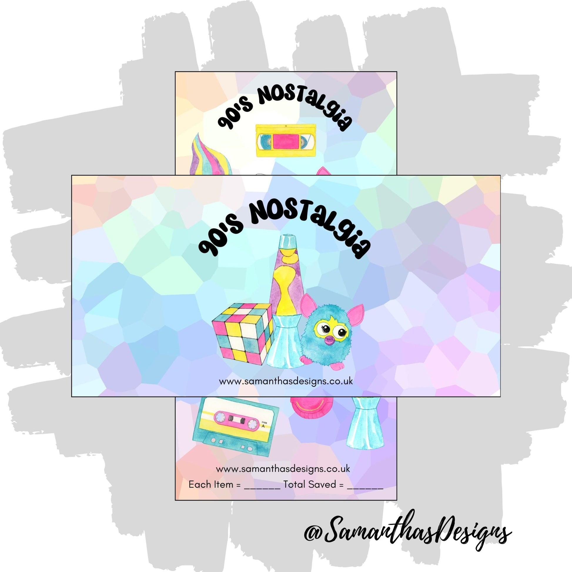 90s nostalgia Savings tracker is on a pastel rainbow coloured geometric background with colourful 90s items like furby's and lava lamps
