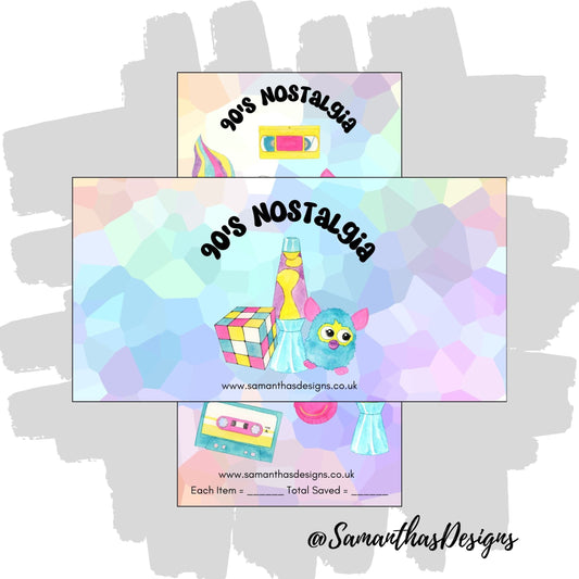 90s nostalgia Savings tracker is on a pastel rainbow coloured geometric background with colourful 90s items like furby's and lava lamps