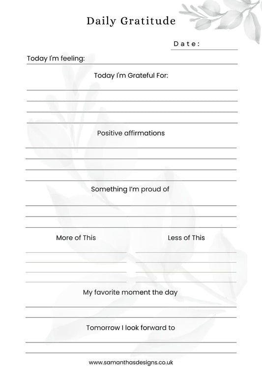 Daily Gratitude Log Printable with date section - How you are feeling, what you are grateful for, daily affirmation and more. Great way to log your days