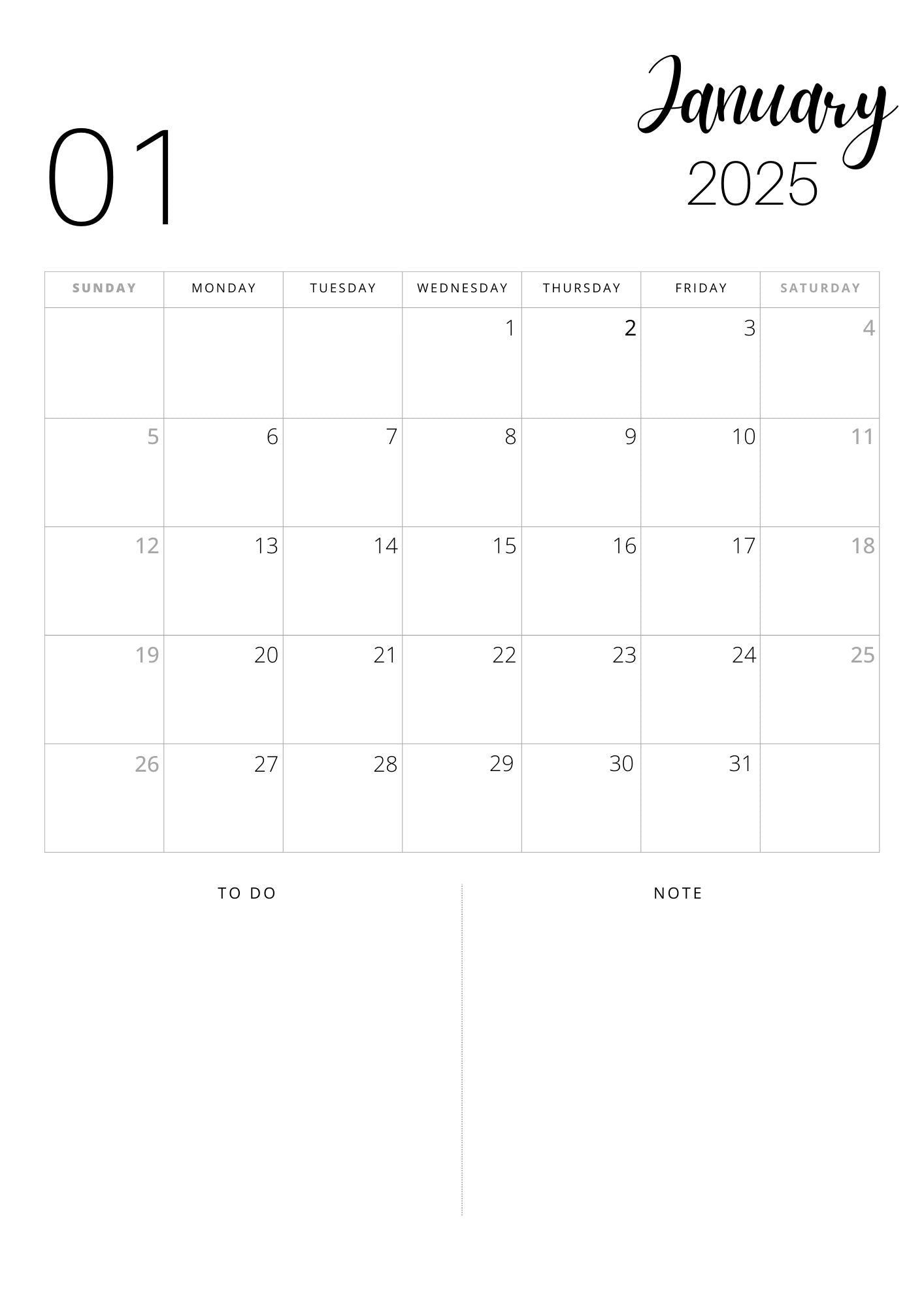 This image shows the January 2025 page of this 12 page download. Shows the monthly view with a sunday starting point, to do list for the month and a notes section - all 12 months are included in this download. 