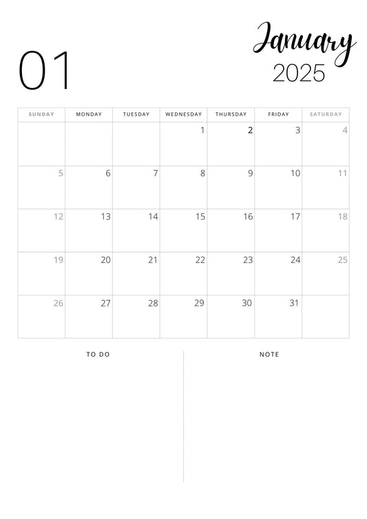 This image shows the January 2025 page of this 12 page download. Shows the monthly view with a sunday starting point, to do list for the month and a notes section - all 12 months are included in this download. 