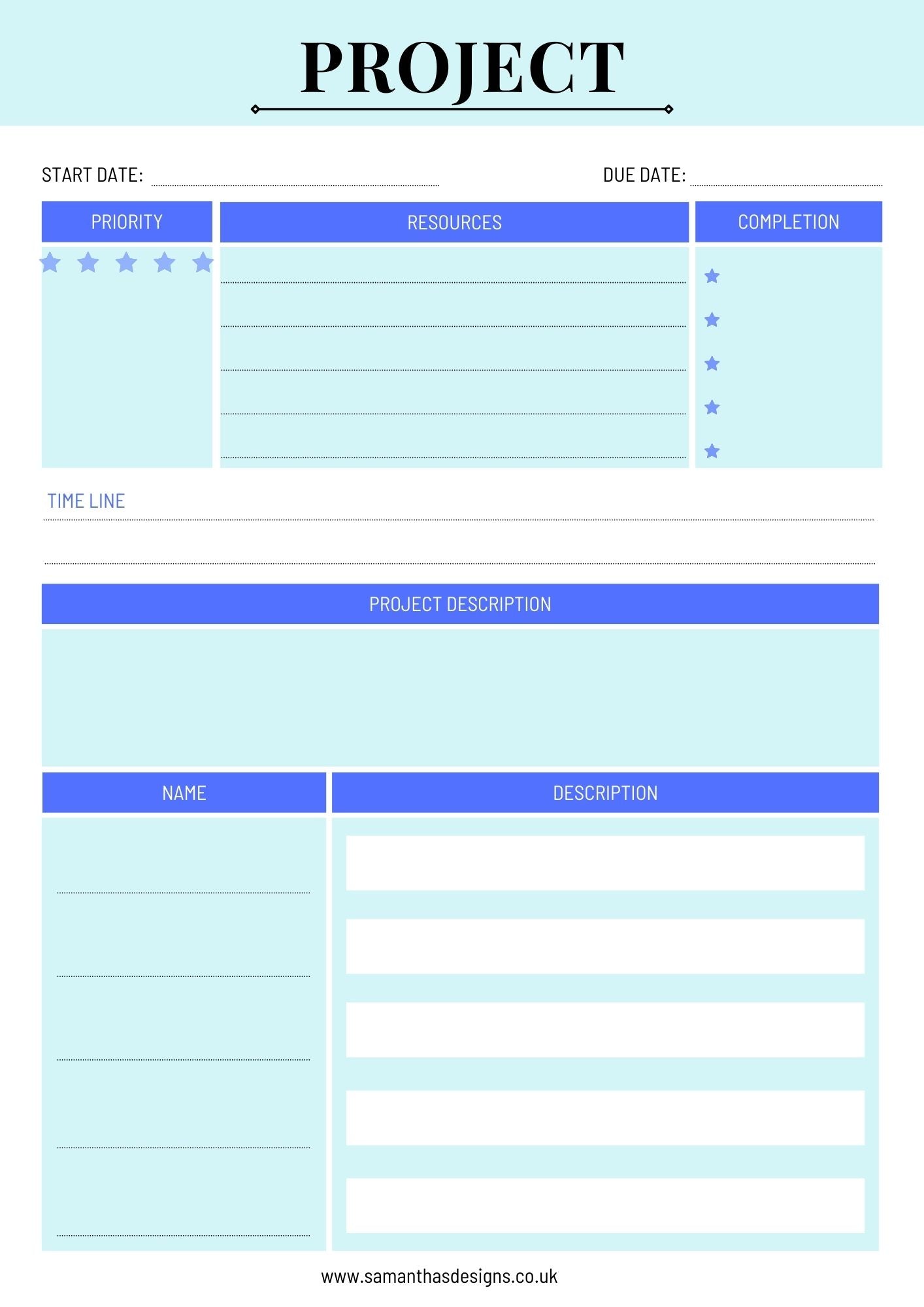 Project Planner page with start date, due date, priority, resources and more. Break down that home project in no time - Blue design