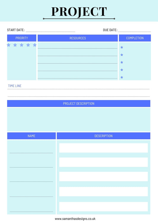 Project Planner page with start date, due date, priority, resources and more. Break down that home project in no time - Blue design