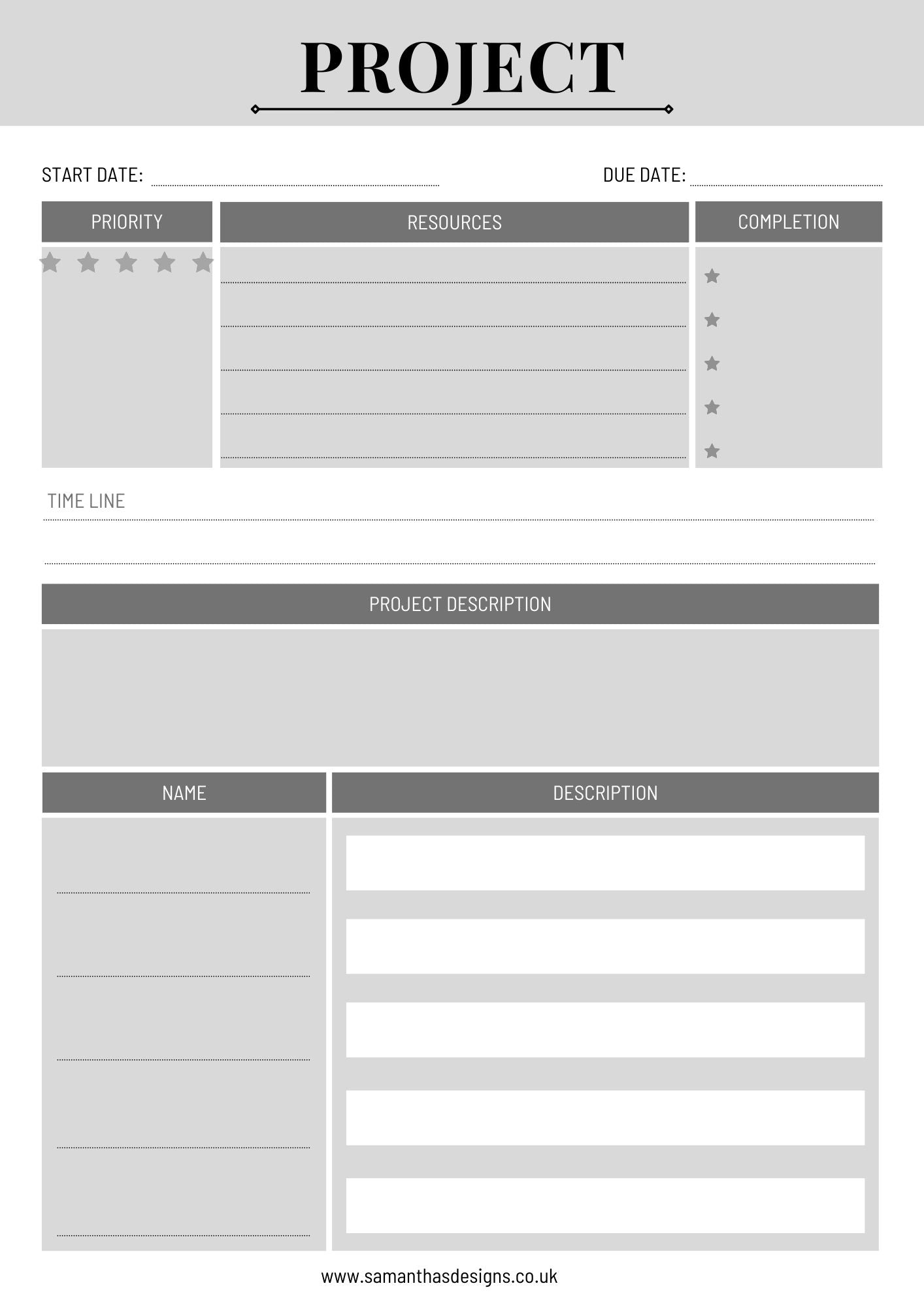 Project Planner page with start date, due date, priority, resources and more. Break down that home project in no time - Grey design