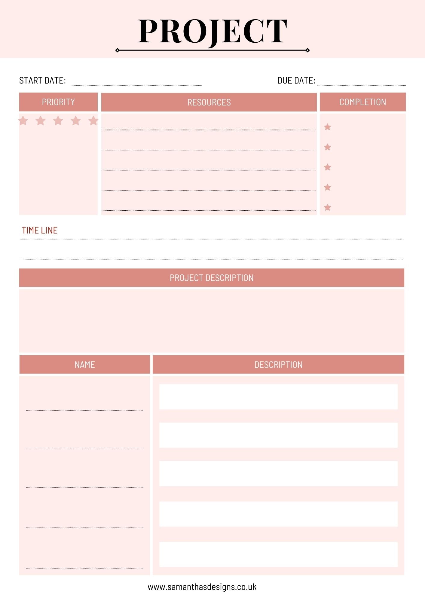 Project Planner page with start date, due date, priority, resources and more. Break down that home project in no time - Pink design