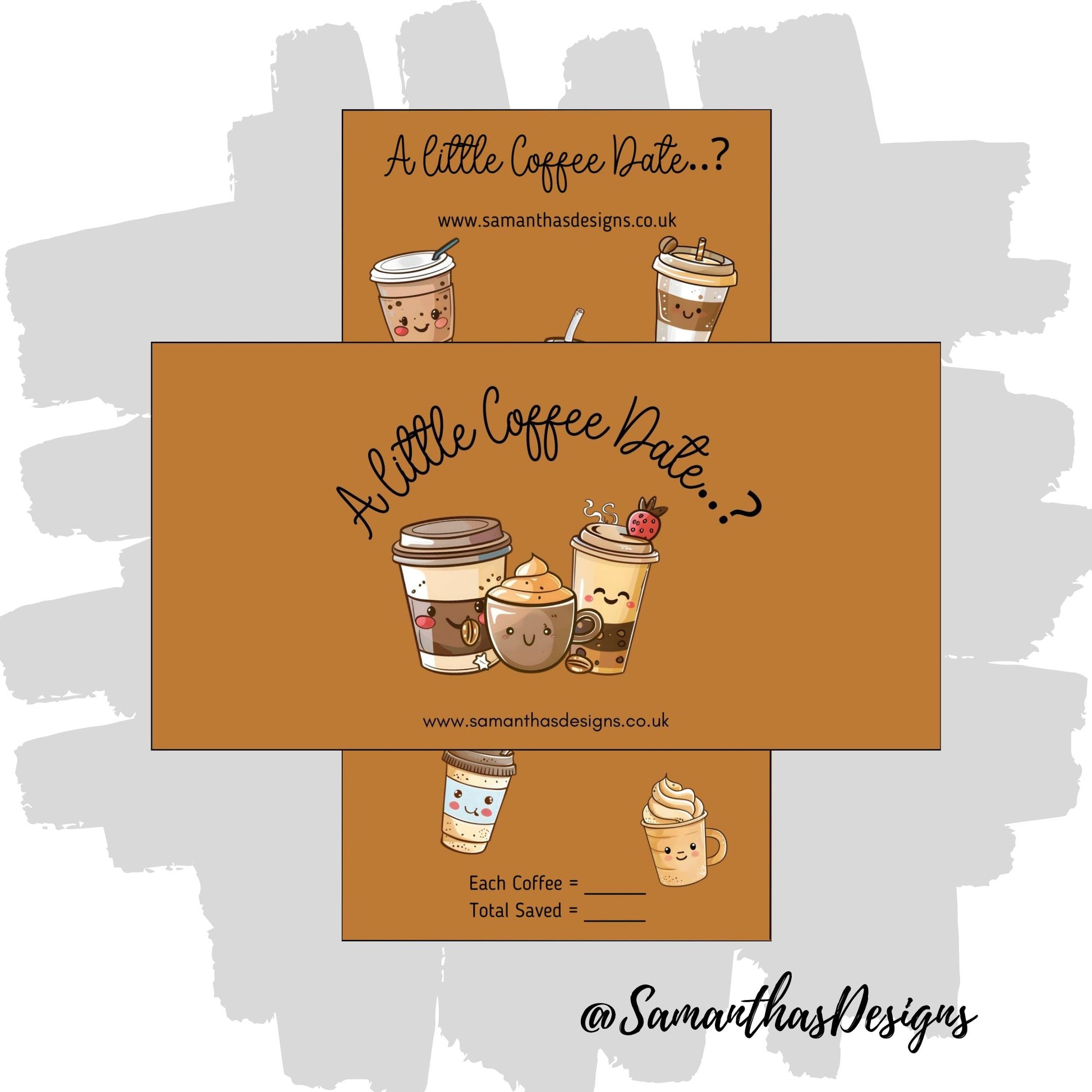 A Little Coffee Date Savings Tracker is on a brown background with coffee cups with faces illustrations