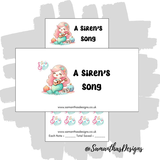 A Siren's song savings tracker has a Mermaid character with musical instruments and text 'A Siren's Song' on a white background.