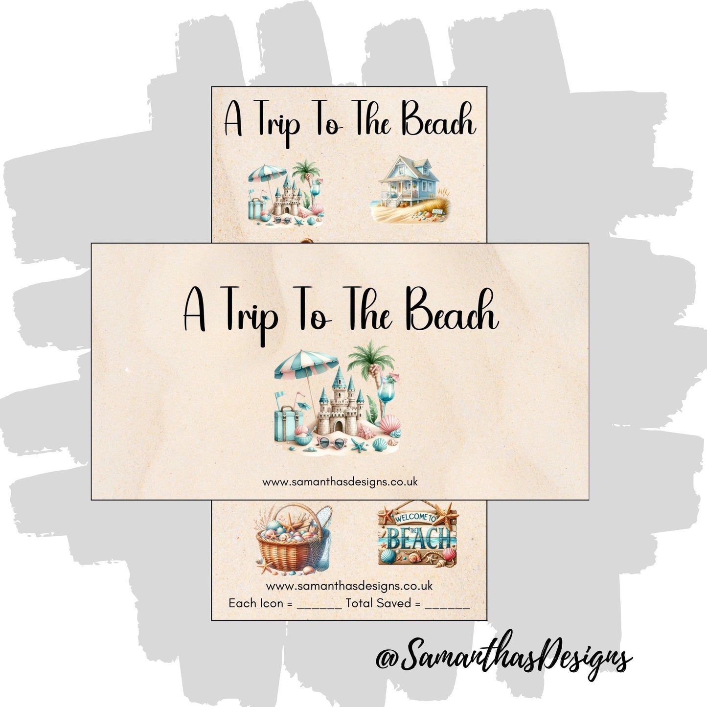 A Trip To The Beach Savings Tracker is on a sand coloured background with colourful beach themed illustrations