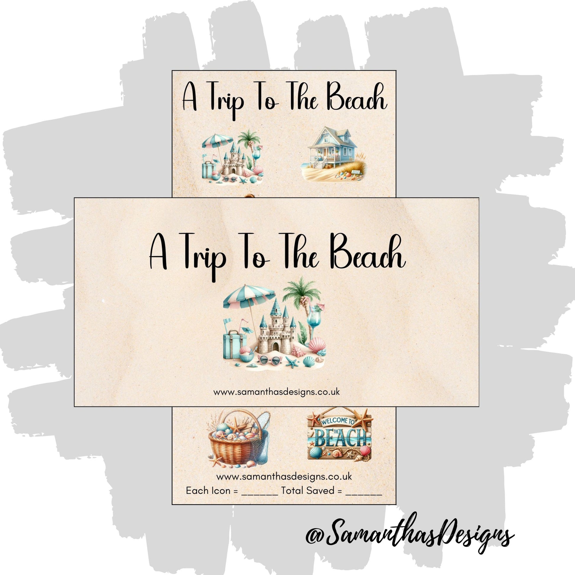 A Trip To The Beach Savings Tracker is on a sand coloured background with colourful beach themed illustrations