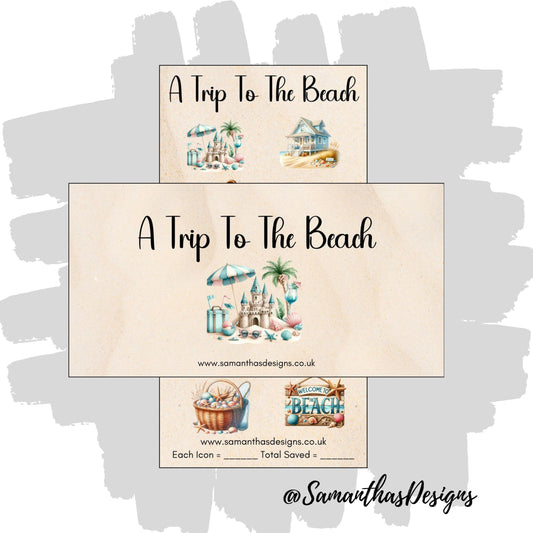 A Trip To The Beach Savings Tracker is on a sand coloured background with colourful beach themed illustrations