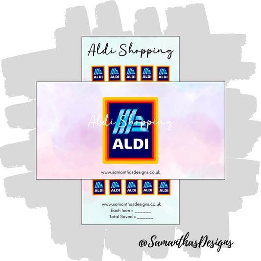 Aldi Shopping Savings Tracker and Cover on a blue and purple pastel cloud effect background with the stores logo
